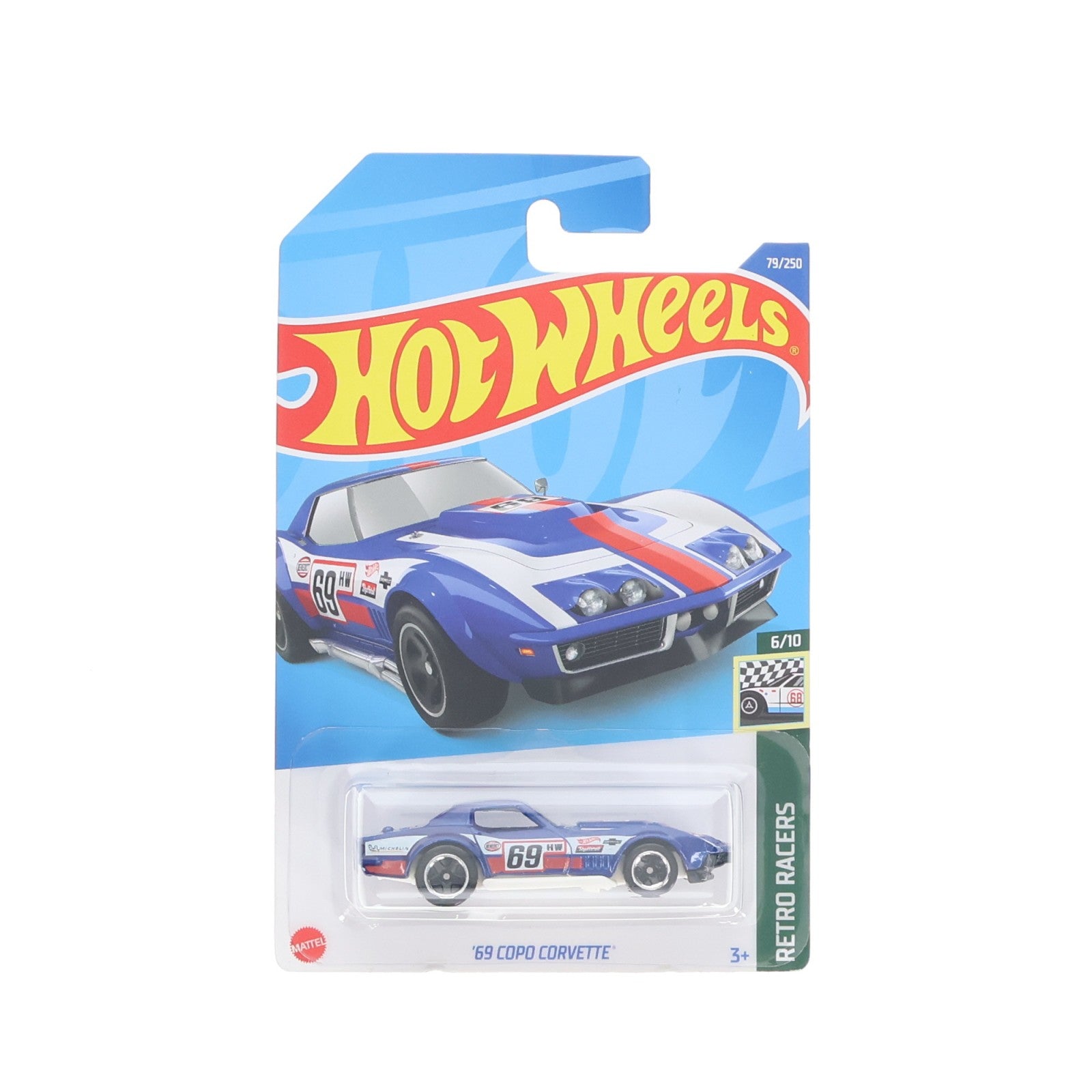 【中古即納】[MDL] Hot Wheels(ホットウィール) RETRO RACERS 1/64 '69 COPO CORVETTE #69(ブルー×ホワイト×レッド) 完成品 ミニカー(HCV10-M7C8) マテル(20220328)