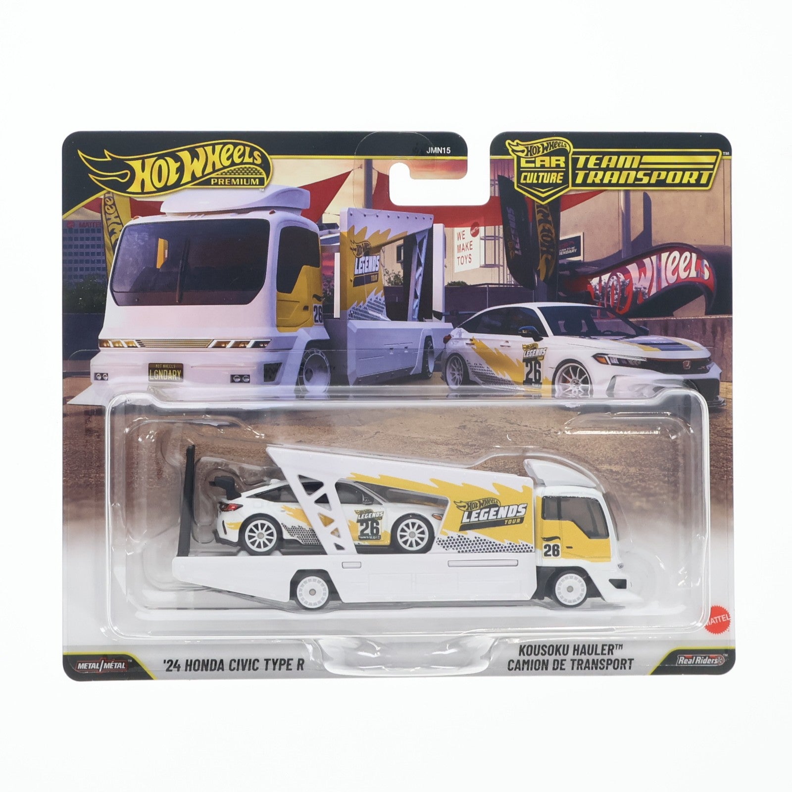 【中古即納】[MDL] ヤマダ電機限定 Hot Wheels(ホットウィール) TEAM TRANSPORT LEGENDS TOUR 1/64 '24 HONDA CIVIC TYPE R #26(ホワイト×イエロー)/CAMION DE TRANSPORT #26(ホワイト×イエロー) 完成品 ミニカー(JMN15) マテル(20260704)
