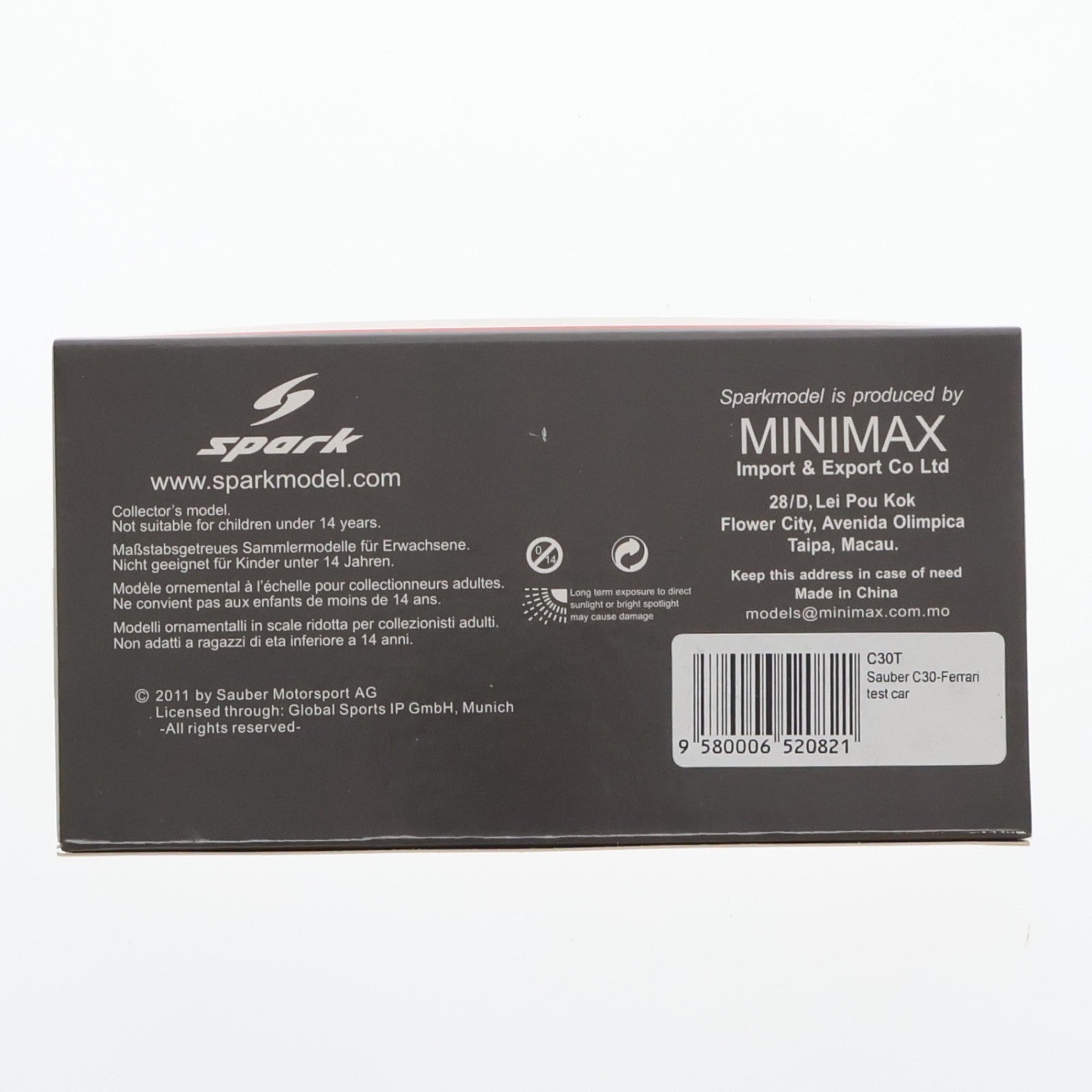 【中古即納】[MDL] 1/43 Sauber C30-Ferrari Test Car Barcelona 2011 TELMEX(ホワイト×シルバー×ブラック) 香港GTC特注モデル 完成品 ミニカー(C30T) SPARK(スパーク)(20220328)
