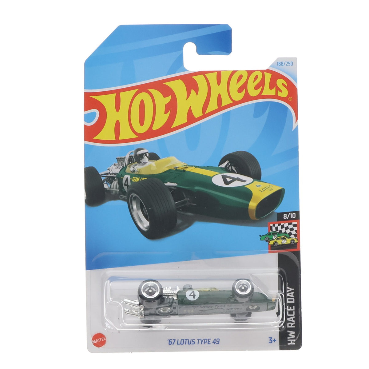 【中古即納】[MDL] Hot Wheels(ホットウィール) HW RACE DAY 1/64 '67 LOTUS TYPE 49 #4(グリーン×イエロー) 完成品 ミニカー(HTD99) マテル(20240930)