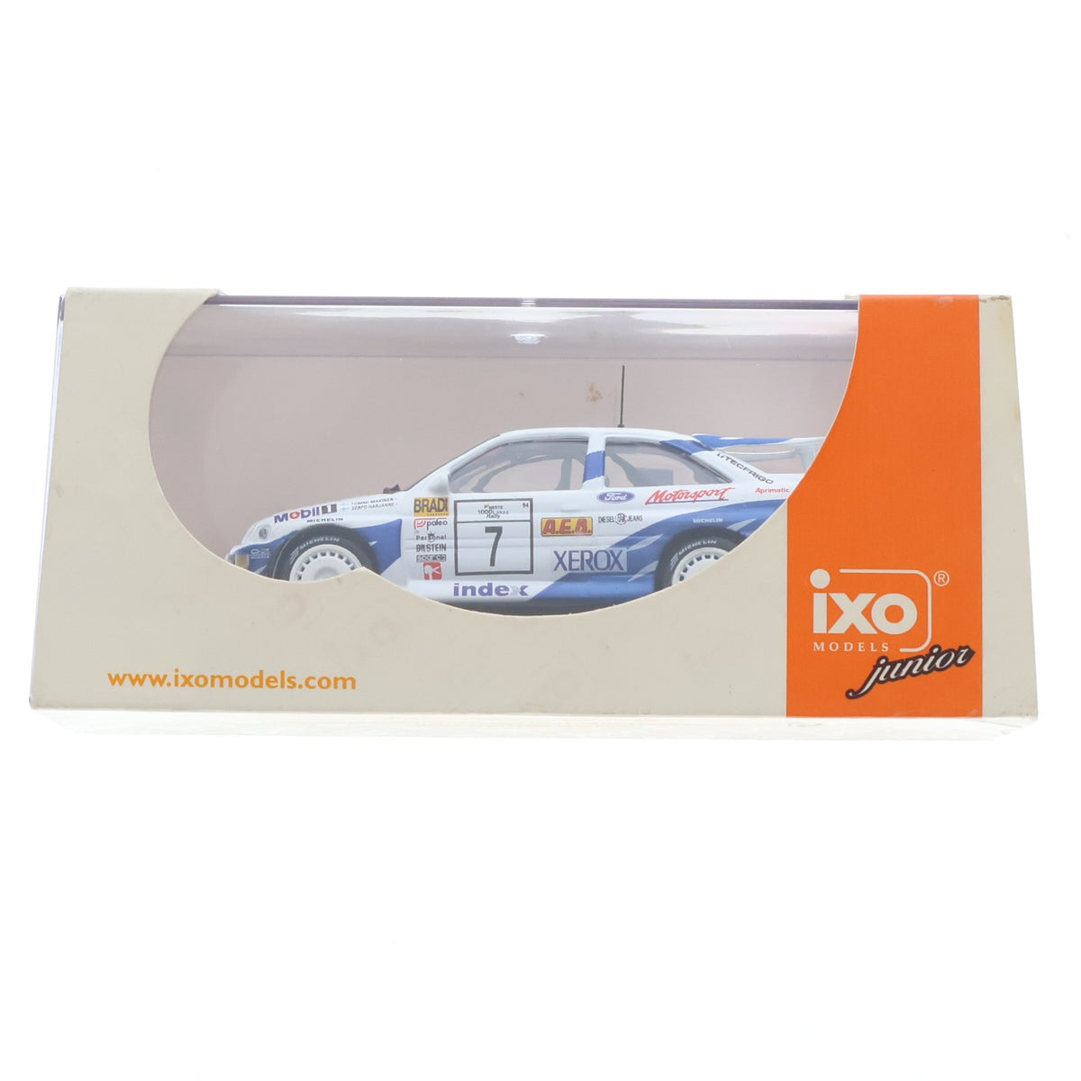 【中古即納】[MDL] 1/43 FORD ESCORT COSWORTH 1000 Lakes Rally 1994 Mobil 1 #7(ホワイト×ブルー) 完成品 ミニカー(CIXJ000009) IXO Models(イクソモデルス)(20220328)