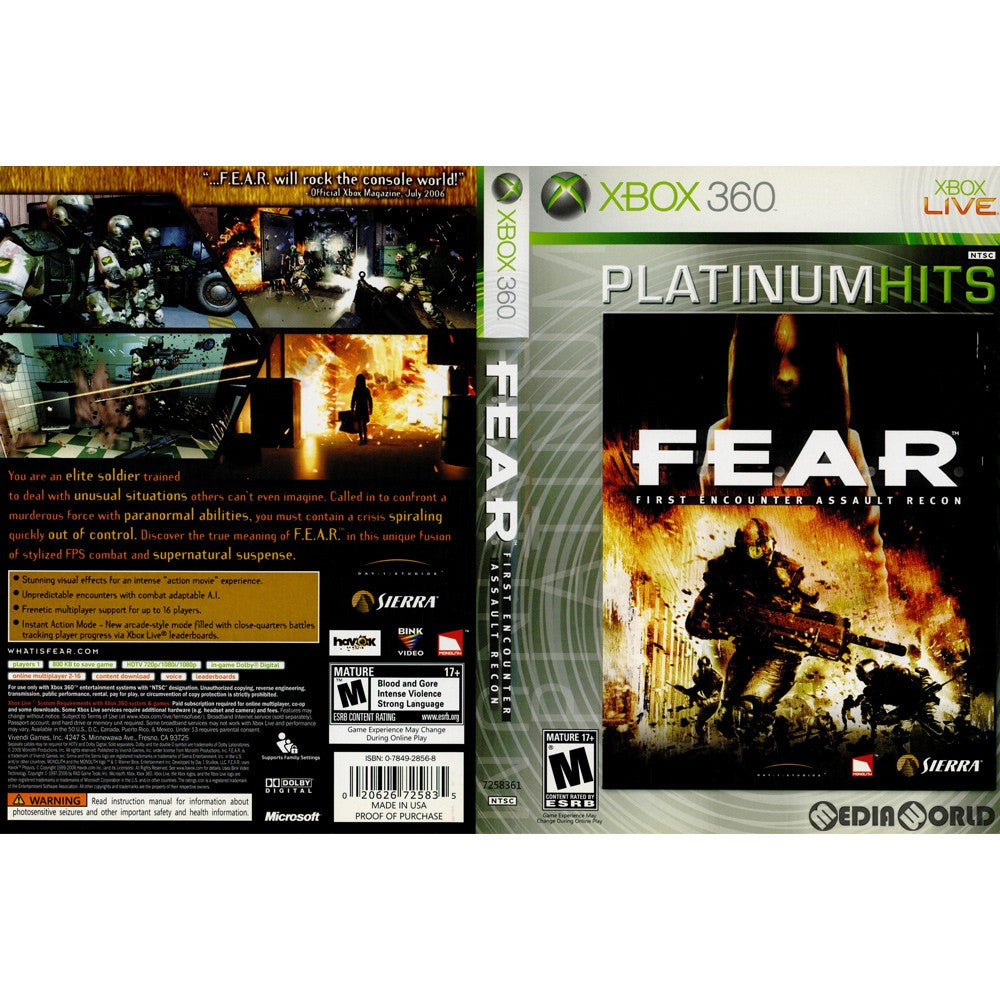 【中古即納】[Xbox360]F.E.A.R.: First Encounter Assault Recon Platinum Hits(フィアー:ファースト エンカウンター アサルト リコン) 北米版(7258361)(20071231)